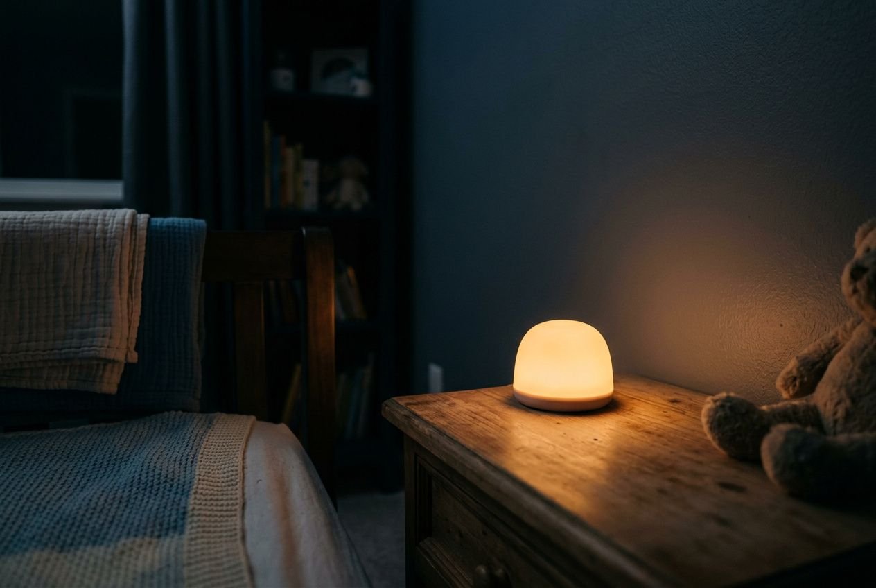 Réveil éducatif montessori : lampe de veille douce sur une table de chevet dans une chambre sombre, près d’un ours en peluche.
