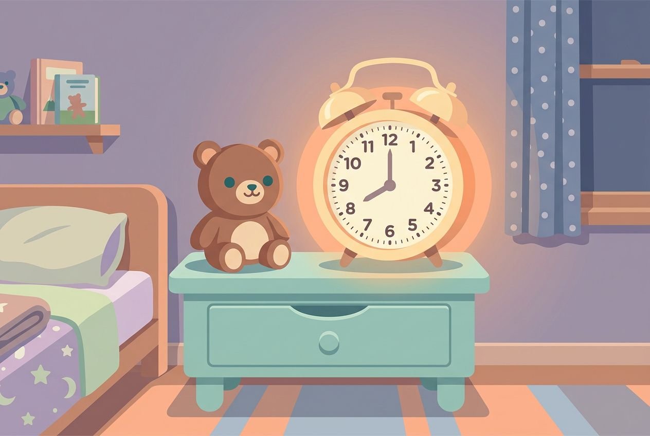 Réveil enfant 0-10 ans posé sur une table de chevet, près d’un ours en peluche, dans une chambre d’enfant lumineuse et calme.