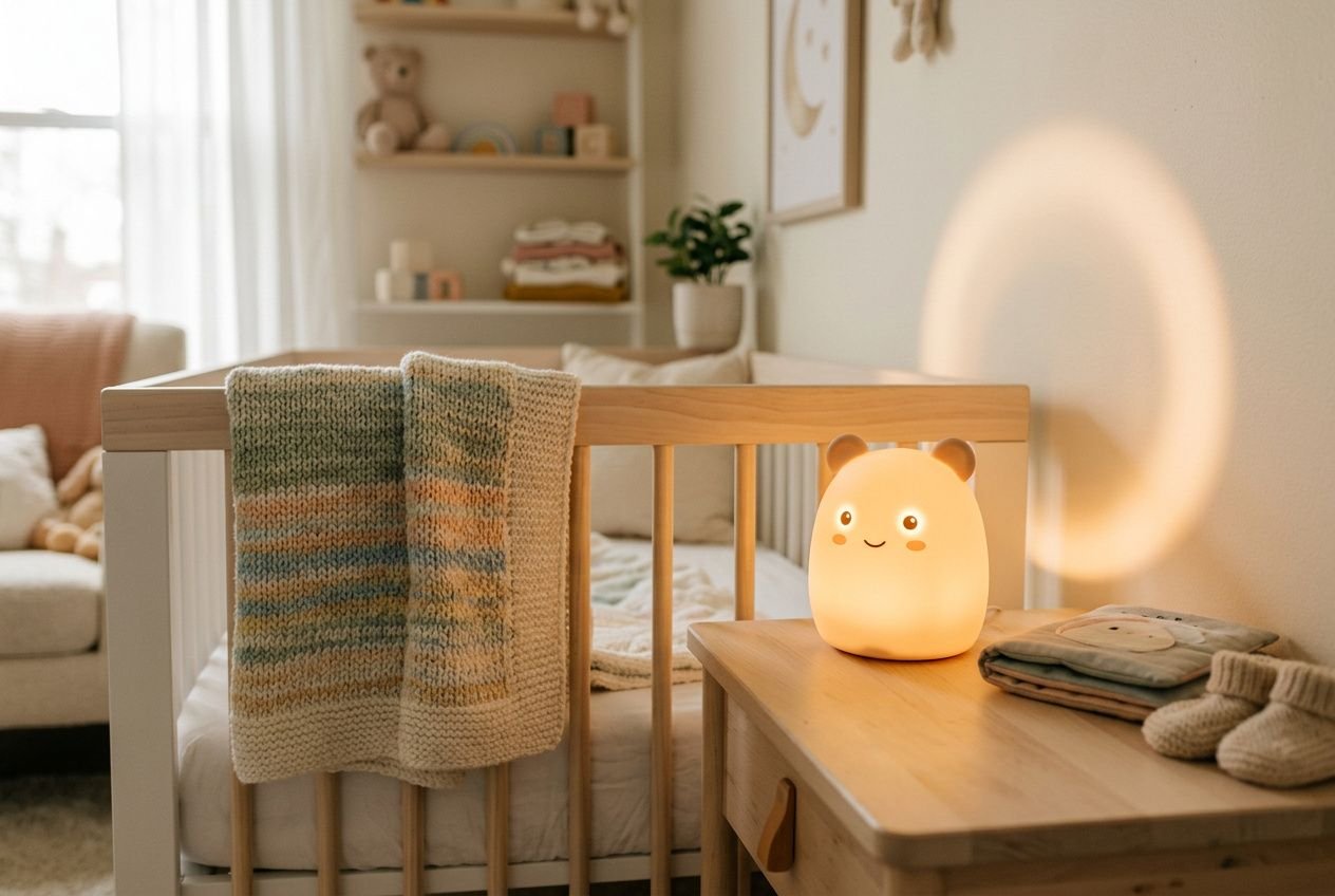 Réveil enfant babyphone lumineux en forme de mascotte dans la chambre d’un bébé, près d’un berceau et d’une veilleuse douce.