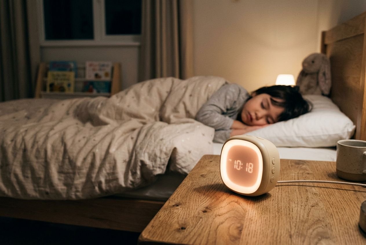 Réveil enfant bluetooth posé sur une table en bois près d’un lit, affichant l’heure, avec enfant endormi en arrière-plan.
