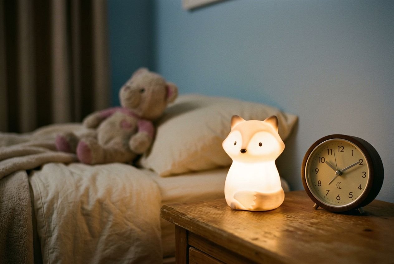Réveil enfant avec indicateur jour/nuit: luminaire renard sur une table de chevet près d’un lit douillet et d’une horloge ronde.