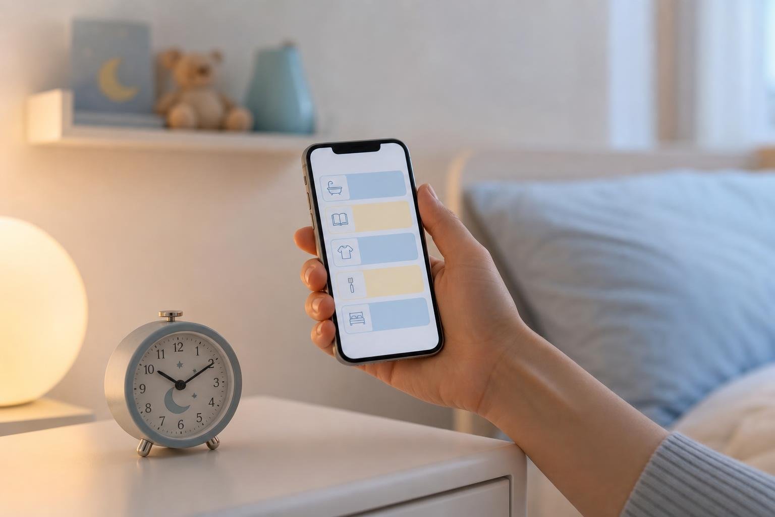 Réveil enfant jour et nuit: une main tient un smartphone affichant une grille colorée, posé près d’un réveil analogique sur une table de nuit lumineuse.