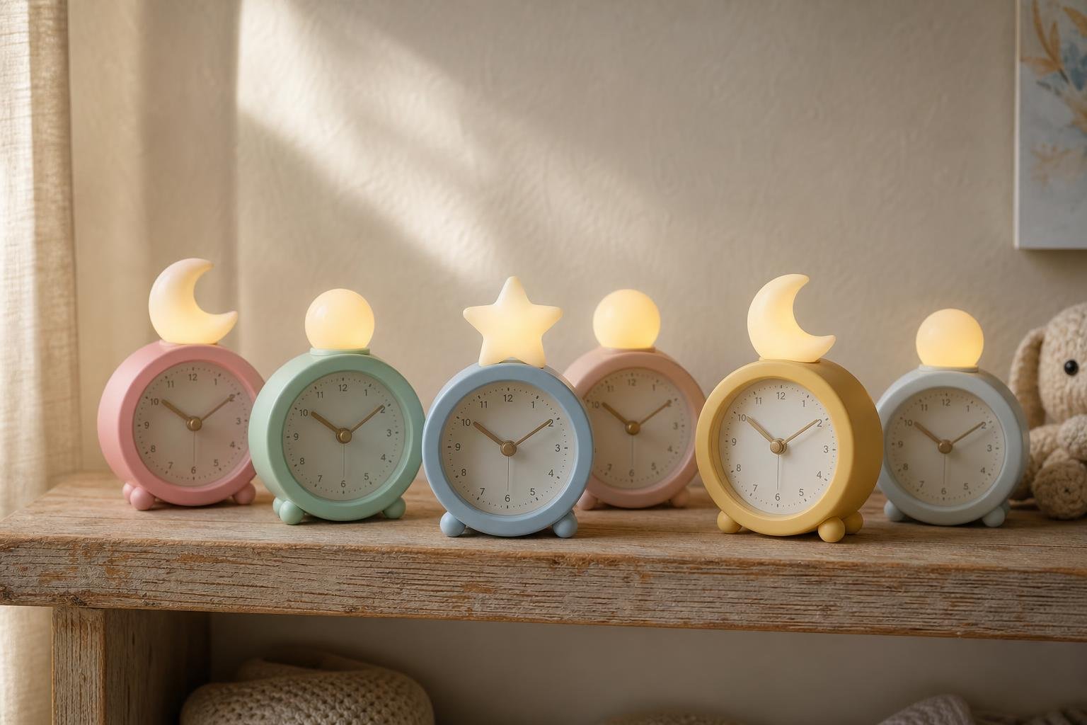 Réveil jour-nuit enfant: série de réveils pastel (rose, vert, bleu, jaune, bleu clair) avec lune et étoile lumineuses sur une étagère, ambiance douce. à partir quel âge réveil jour et nuit.