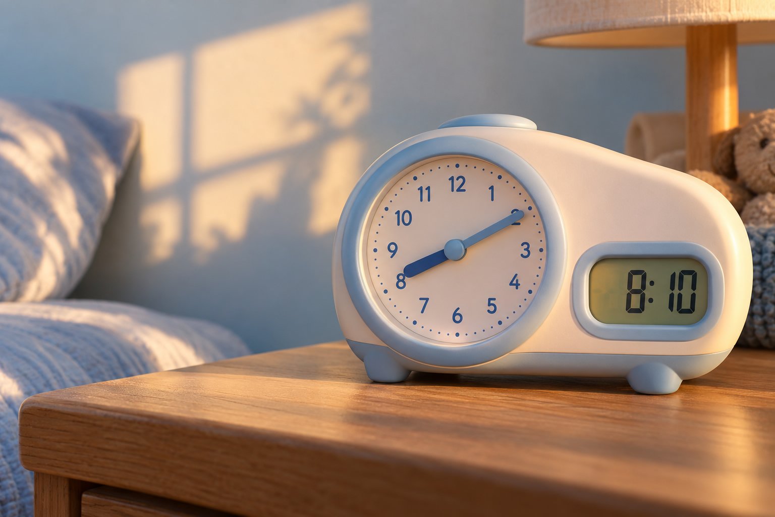 Réveil pédagogique avec horloge analogique et petit écran affichant 8:10 posé sur une table dans une chambre.