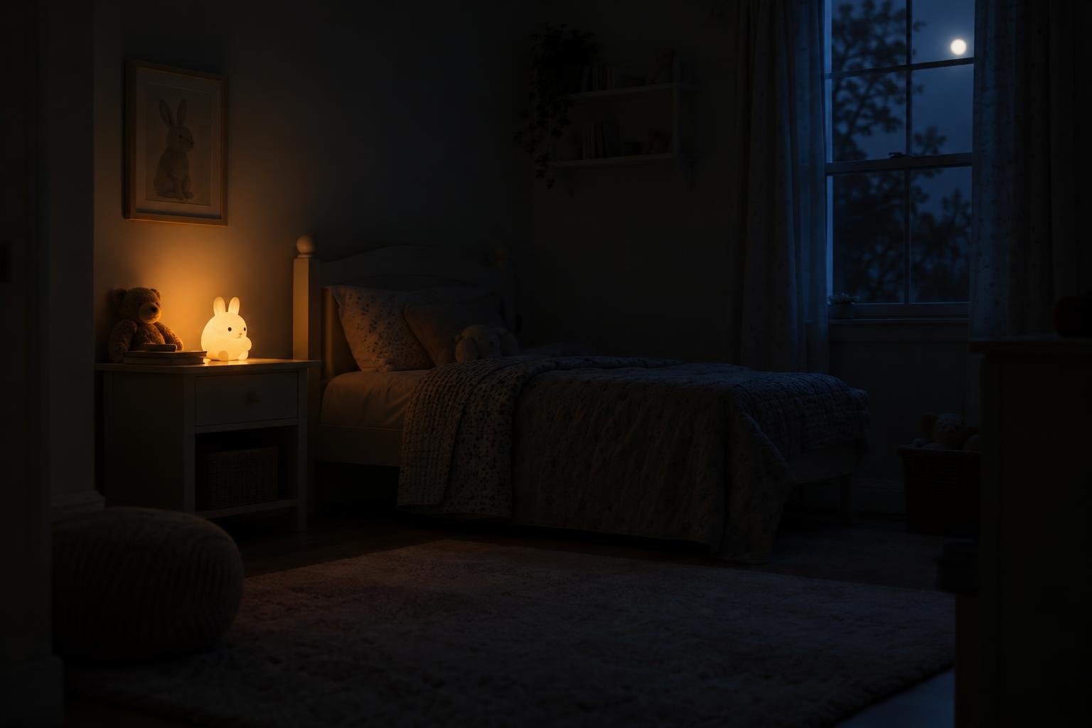 Réveil avec veilleuse enfant sur la table de chevet émettant une lumière chaleureuse dans une chambre sombre, lit et éléments déco douillets visibles.