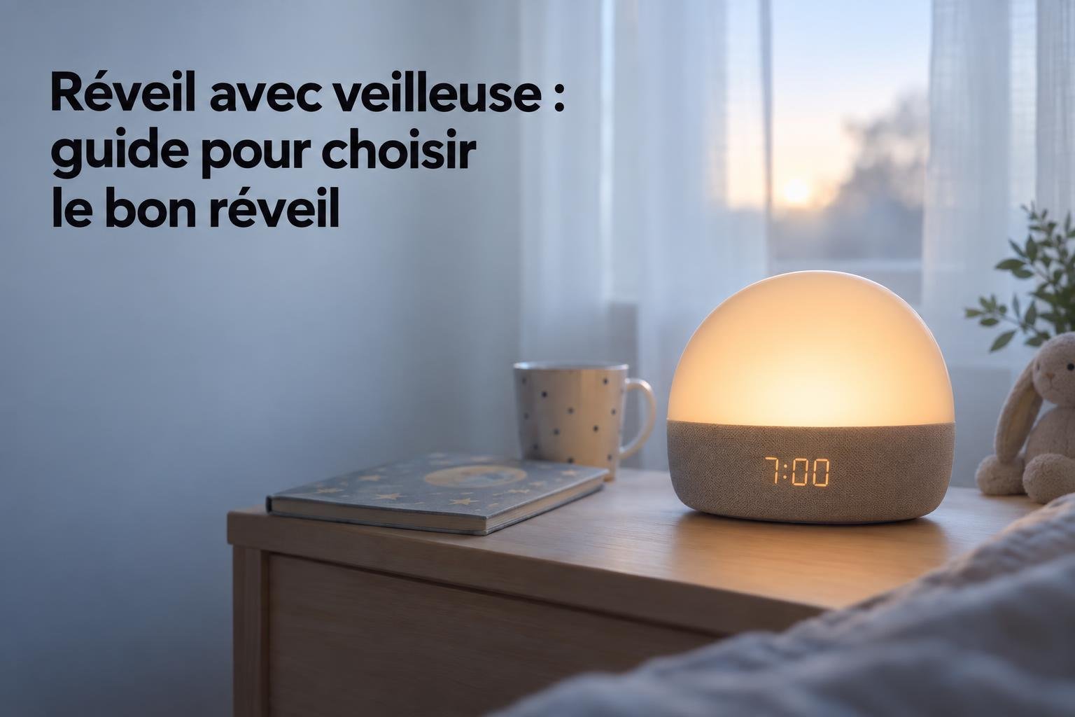 Réveil avec veilleuse lumineux sur une table de chevet, affichant 7:00, entouré d’un livre et d’une tasse, ambiance douceur lumineuse.