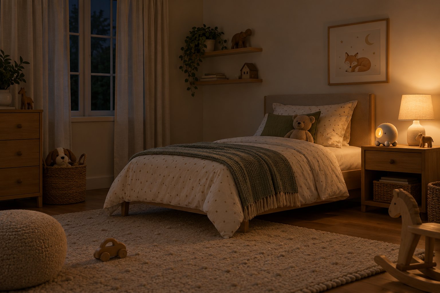 Ein ruhiges Kinderzimmer Abendlicht mit Bett, Nachttisch, Spielzeug und einer Decke über dem Bett.