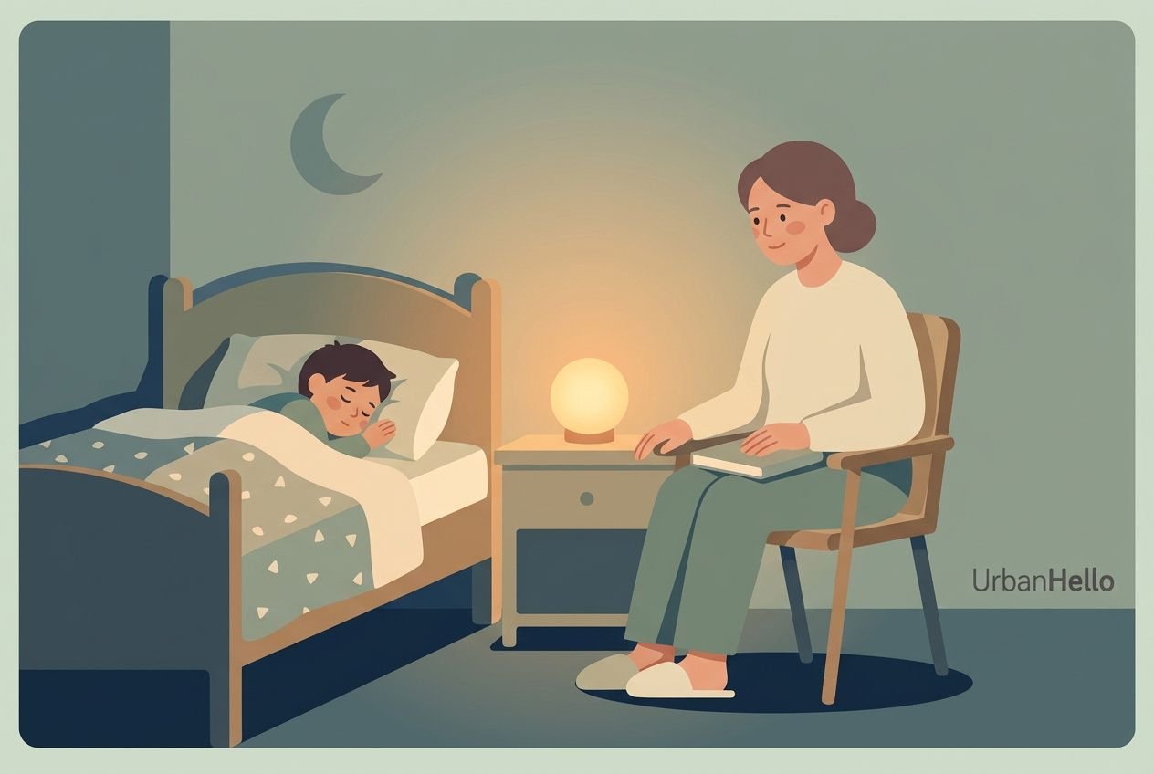 A sleeping child in a bed while a caregiver sits nearby in a chair, reading beside a night lamp in a cozy bedroom. Sleep trainer context implied.