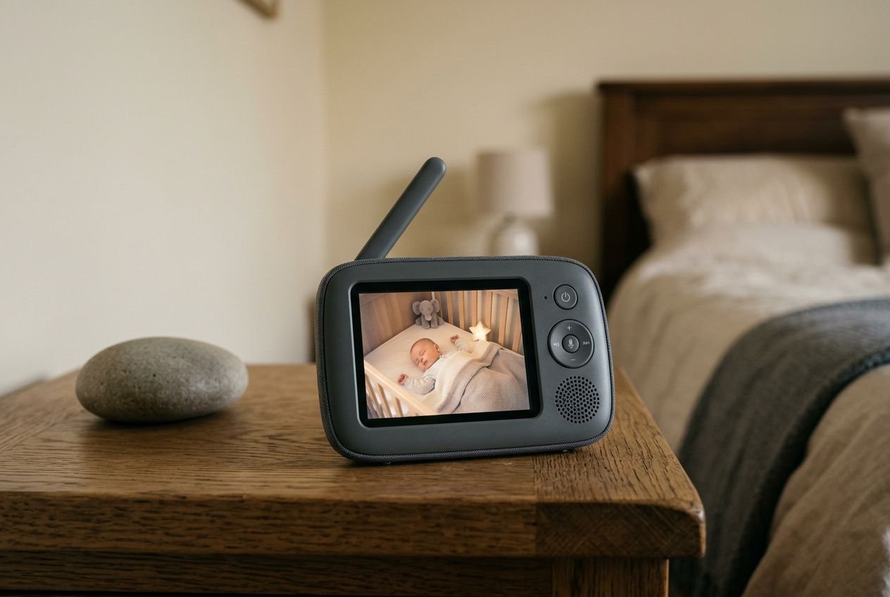 Small bedside monitor with a built-in screen showing a sleeping baby, placed on a wooden nightstand.