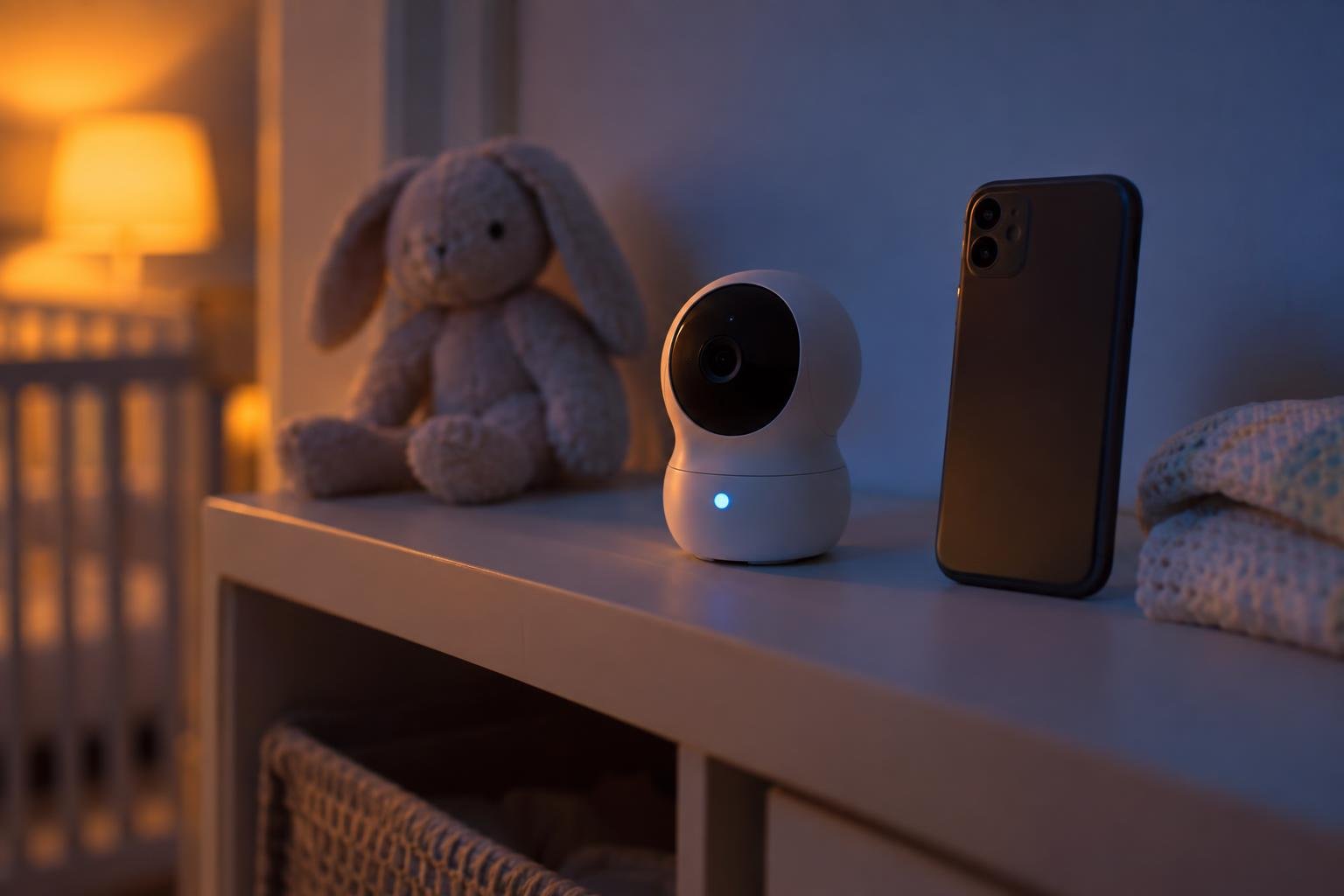 A small white security camera sits on a shelf next to a smartphone and a plush bunny in a softly lit nursery.