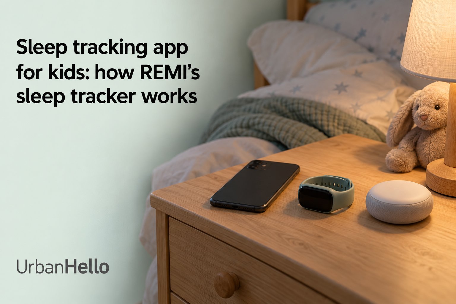 A smartphone, a wearable fitness band, and a small round speaker sit on a wooden bedside table beside a bed with a stuffed