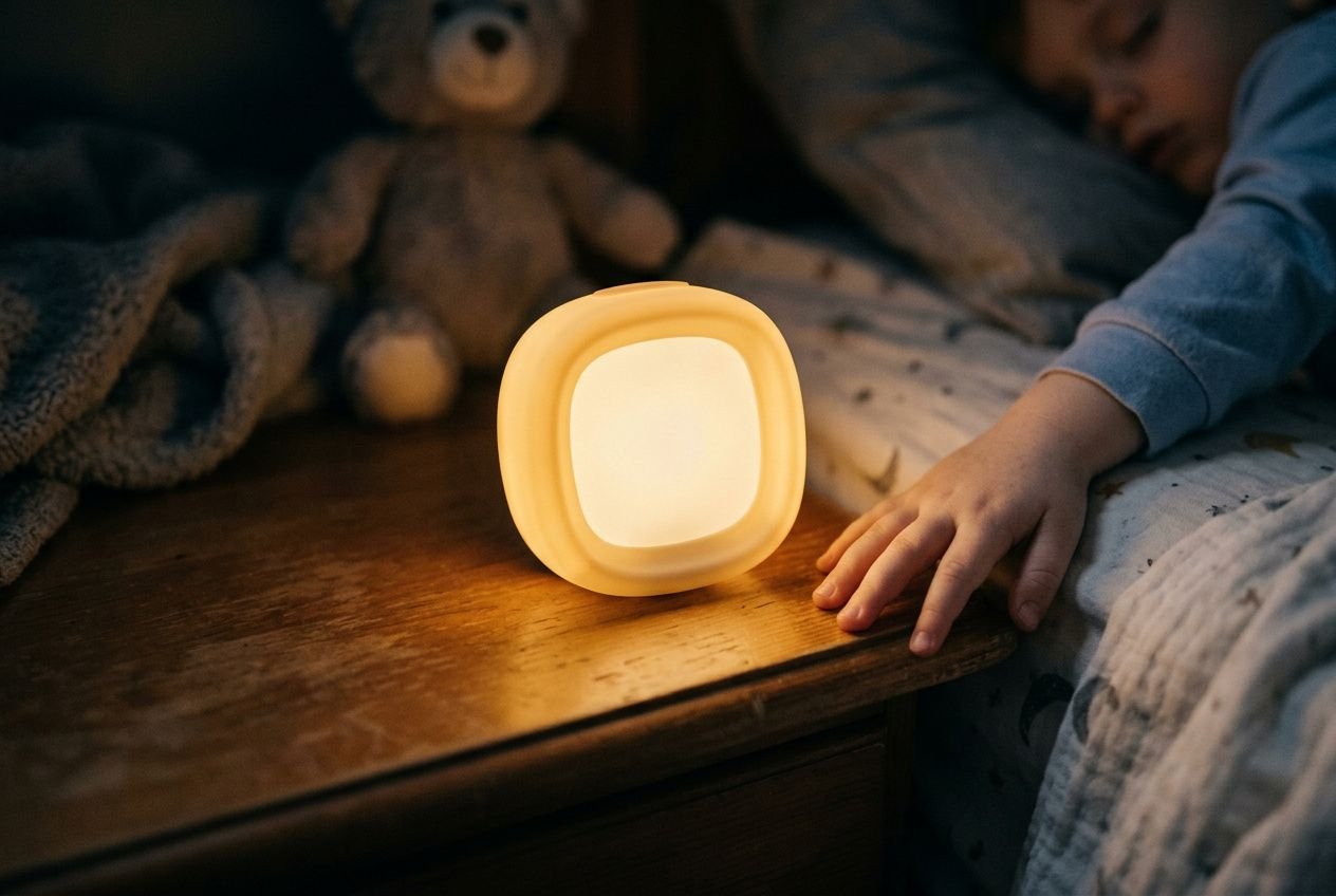 Soft orange-night light on a wooden nightstand with a small glowing square alarm clock; a child rests in bed nearby. Kid-friendly, light-emitting device.