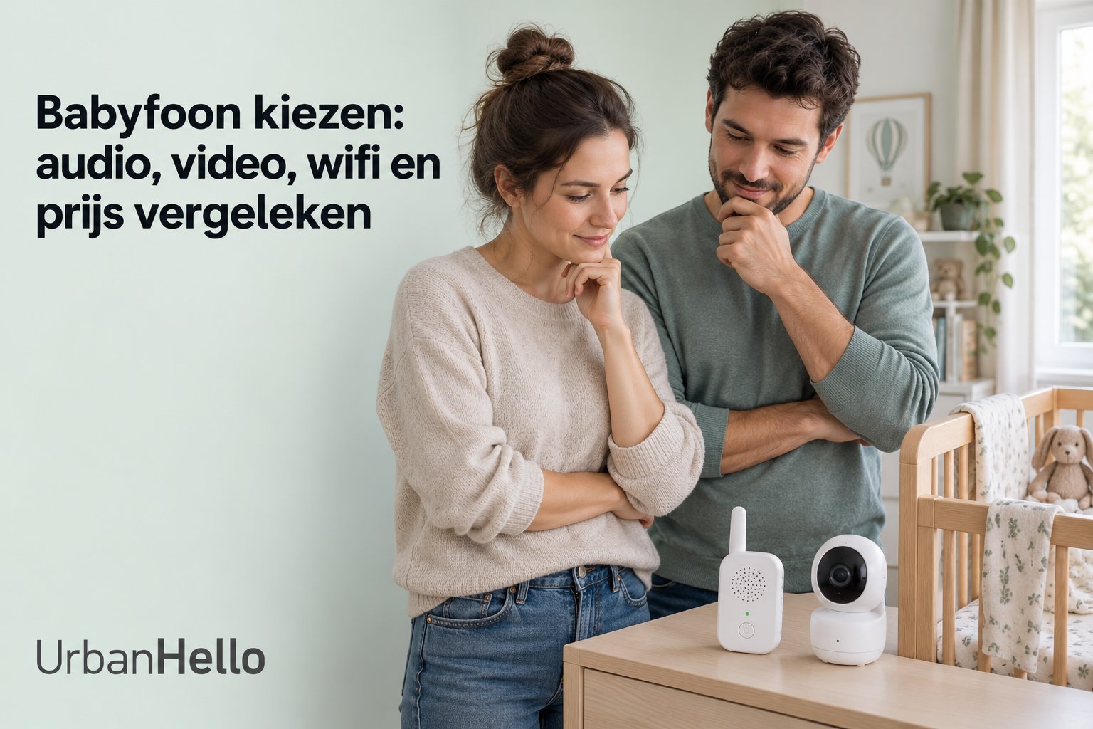 Een stel kijkt naar een babyfoon op een commode in een kinderkamer.