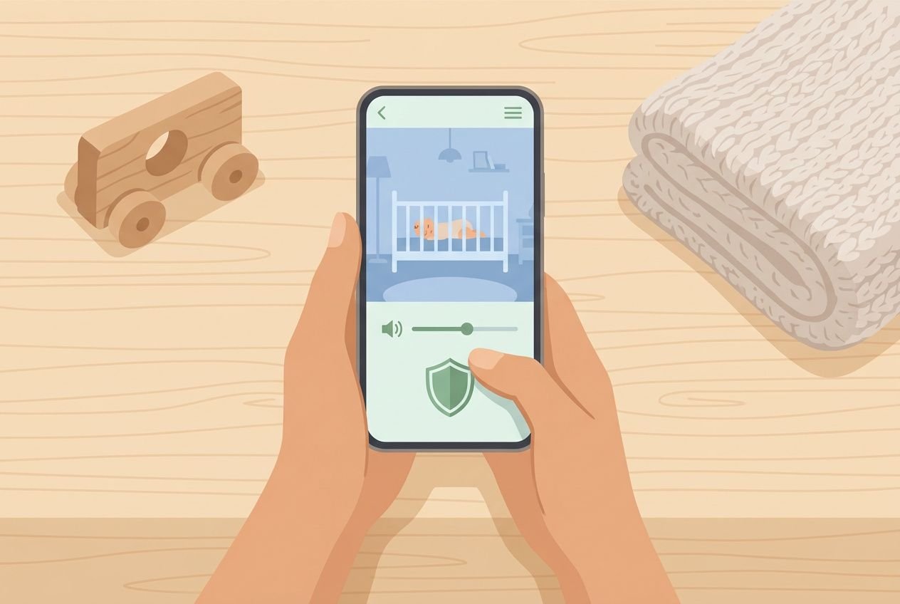 Surveillance bébé: main tenant un smartphone montrant une caméra au-dessus d'un lit bébé, avec un micro et un bouton de sécurité, décor de bois et linge. babyphone connecté application.