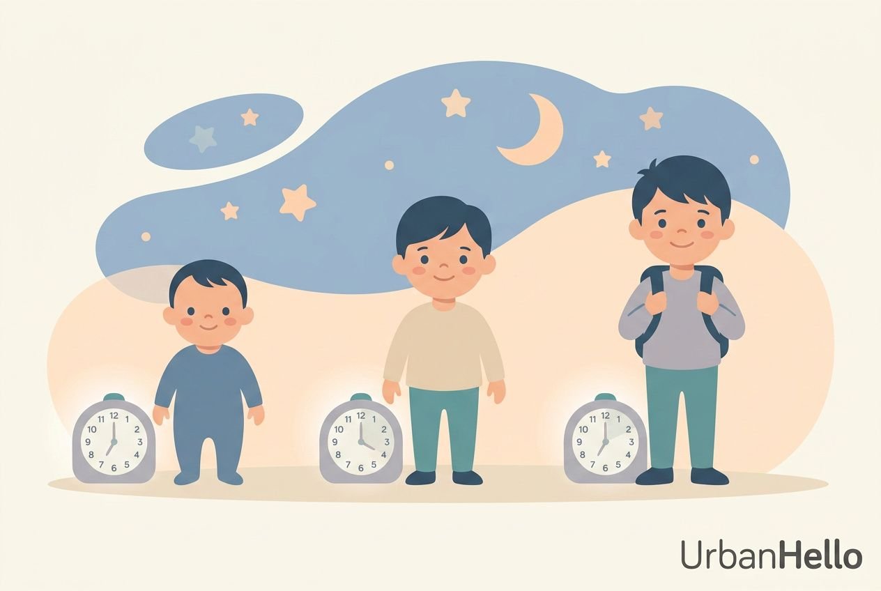 Three children of different ages with alarm clocks, sunrise shapes in the background, UrbanHello branding, illustrating kids'wake-up clocks and morning routines. Best kids alarm clock concept.