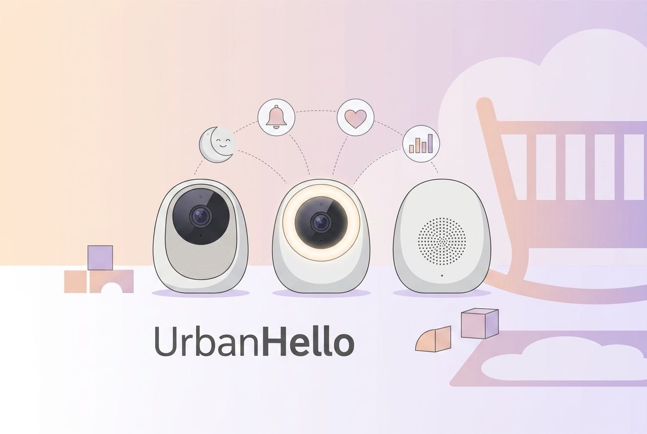 Three UrbanHello baby monitors in a row with connected icons above, set against a pastel gradient—illustrating app features. best baby monitor with app