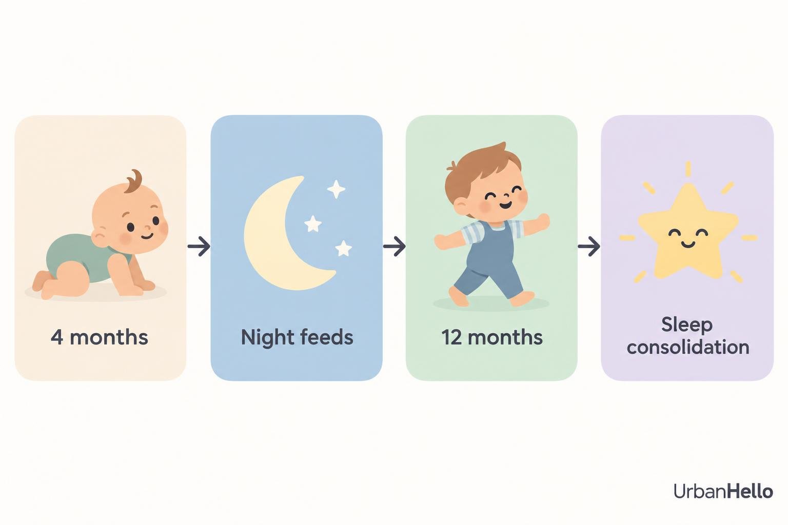 Tiny infant steps: 4 months crawling, night feeds, 12 months walking, sleep consolidation.