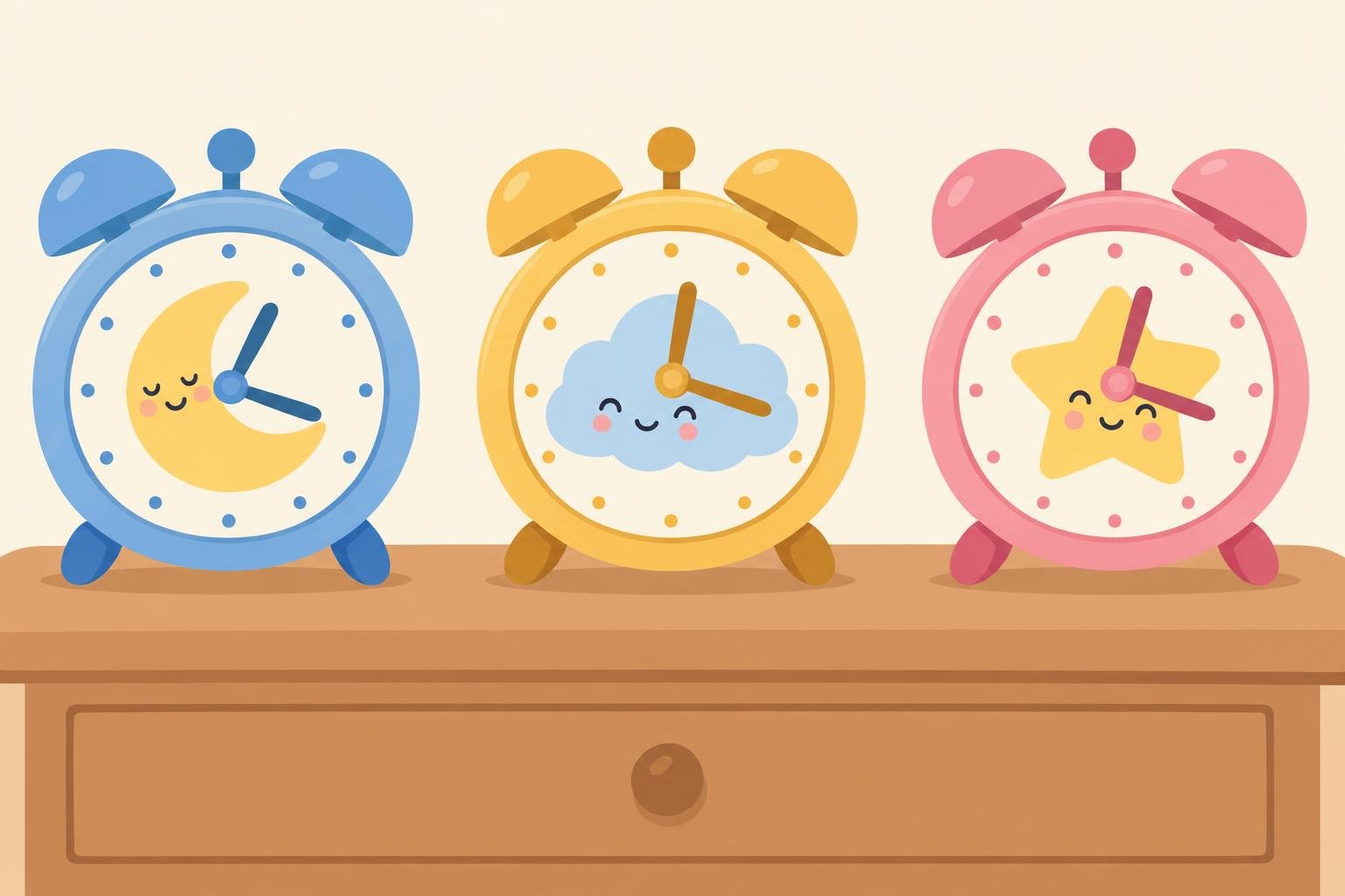 Trois réveils colorés alignés sur une table, chacun affichant une face souriante avec lune, nuage et étoile.
