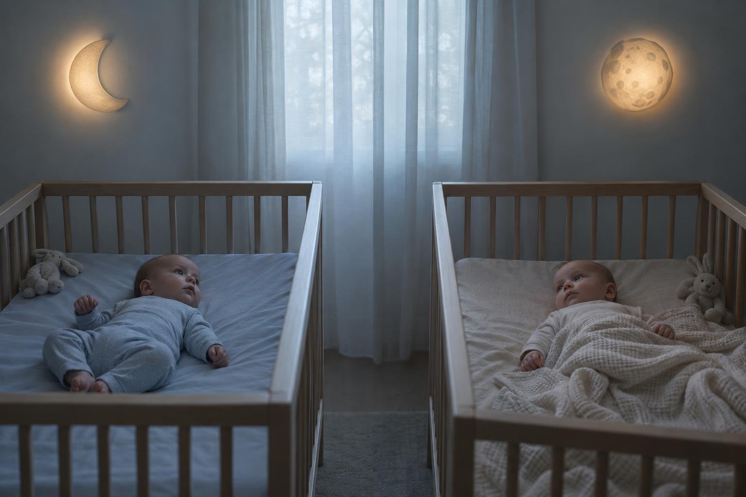 Two babies in separate cribs awake at night, soft moon and crescent wall lights glow; curtains create a calm nursery scene.