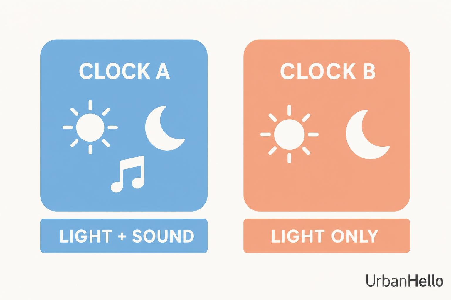 Two square sleep clocks labeled CLOCK A (blue) with sun and moon icons and LIGHT + SOUND, and CLOCK B (peach) with sun and moon icons and LIGHT ONLY, UrbanHello branding. Sleep trainer clock concept.