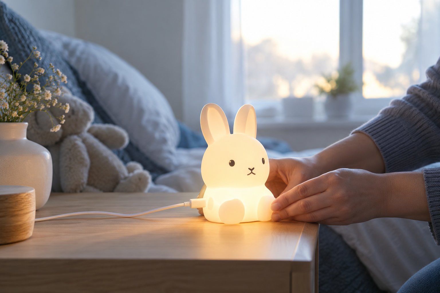 Veilleuse rechargeable en forme de lapin blanc éclairée posée sur une table de chevet, connectée à un câble de chargement.