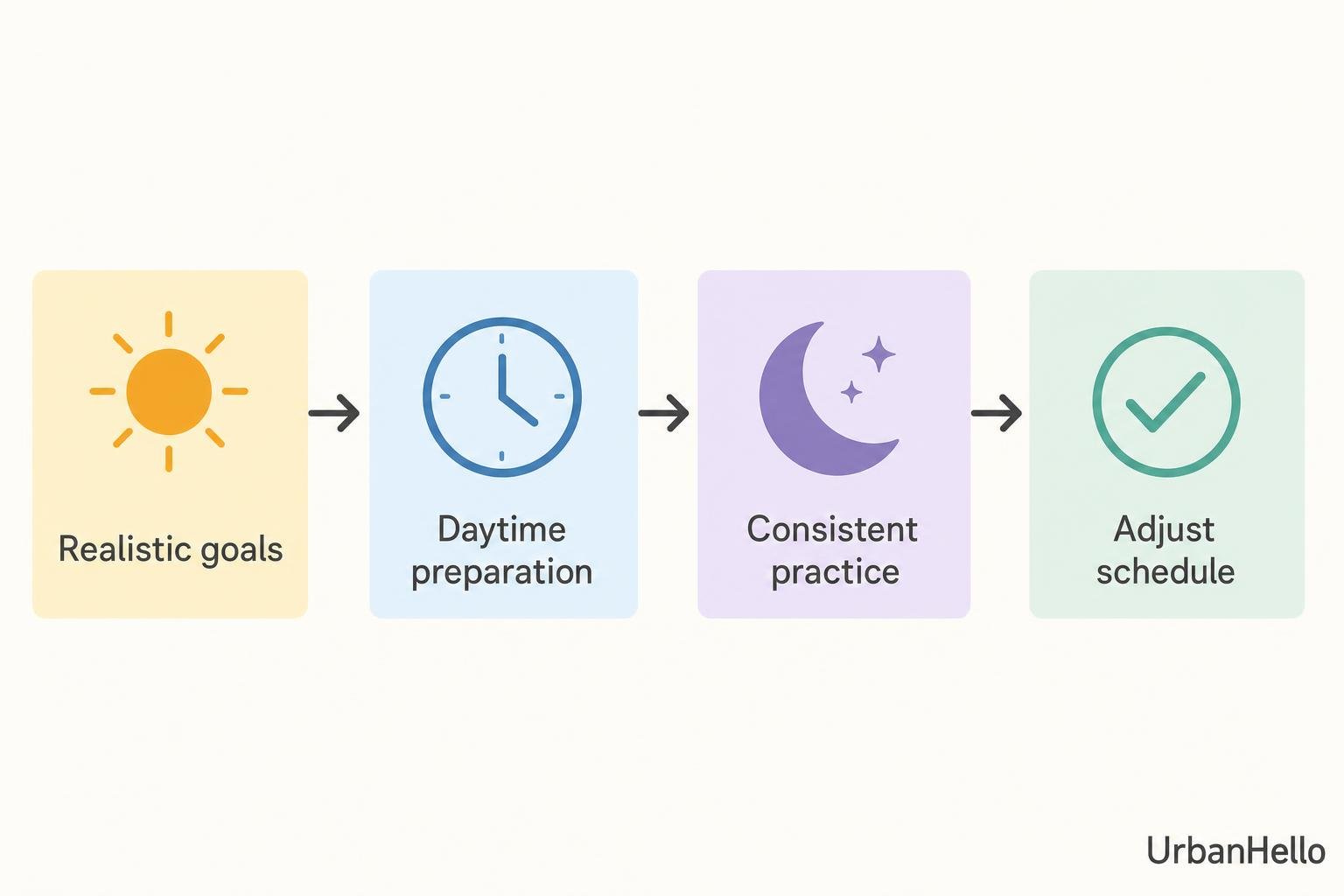 Visual flowchart with four pastel cards: Realistic goals, Daytime preparation, Consistent practice, Adjust schedule, showing arrows between steps. Relates to best baby sleep trainer device.