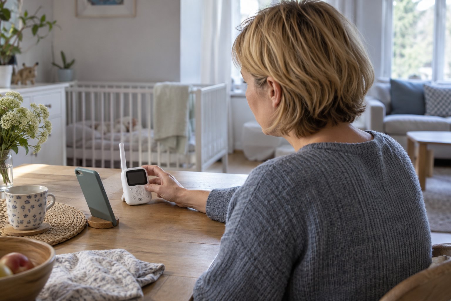Een vrouw zet een babyfoon met wifi-antenne op een tafel tijdens het bekijken van een smartphone.