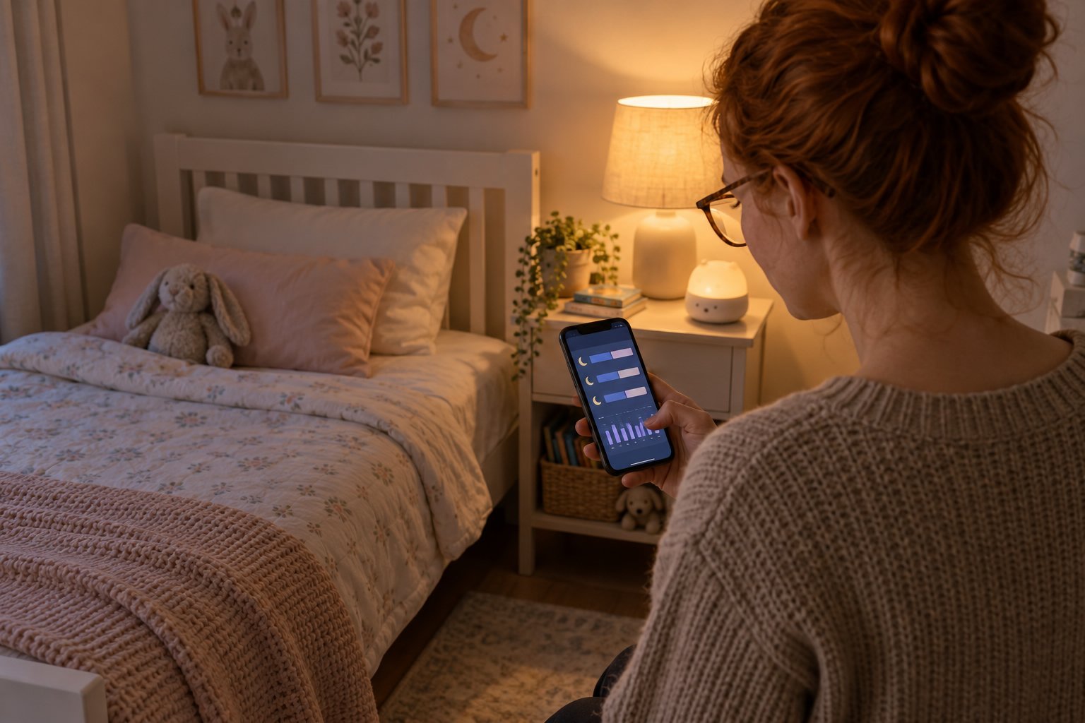 A woman sits in a cozy bedroom at night looking at a smartphone displaying a sleep tracking app.