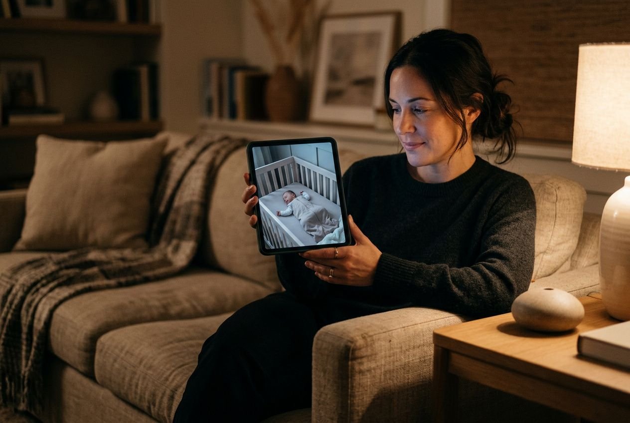 Woman on a sofa holds a tablet showing a sleeping baby in a crib; cozy living room setting. Best baby monitor with app context.
